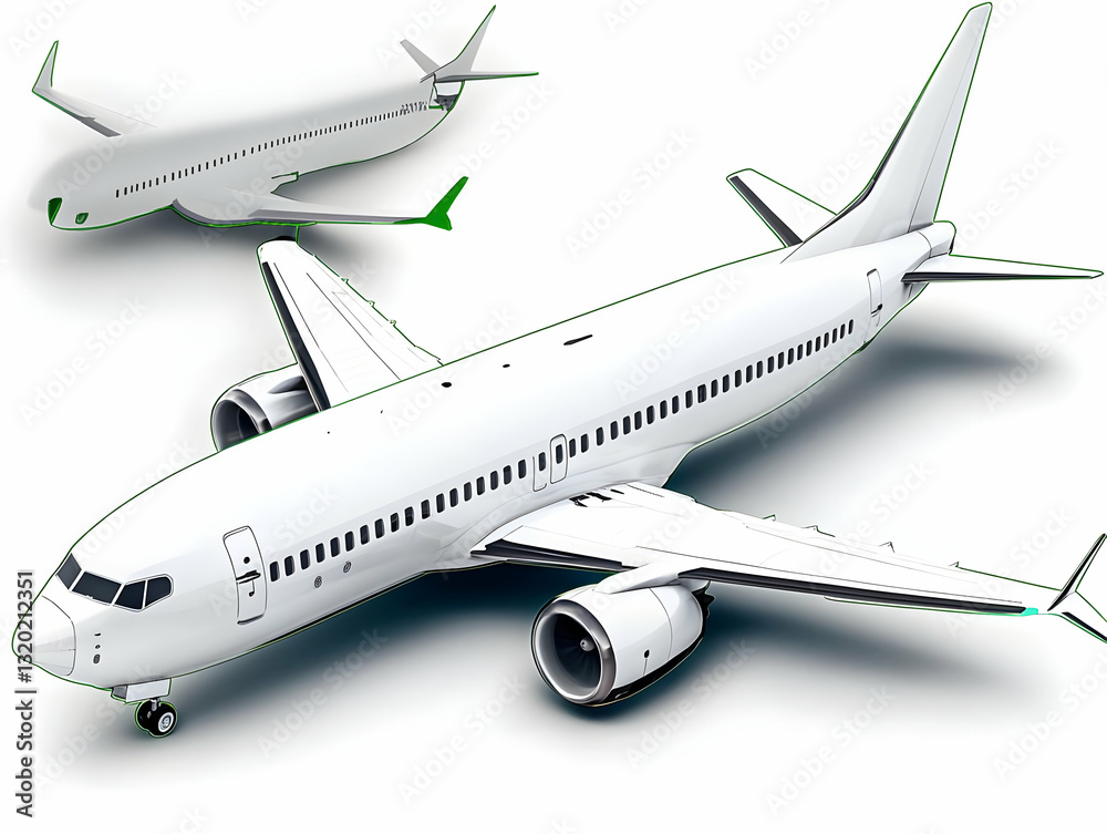 3D Illustration of a Modern Passenger Airplane, Featuring a Sleek White Design with Detailed Engines and Wings, against a Clean White Background 3D Illustration of a Modern Passenger Airplane, Featuring a Sleek White Design with Detailed Engines and Wings, against a Clean White Background