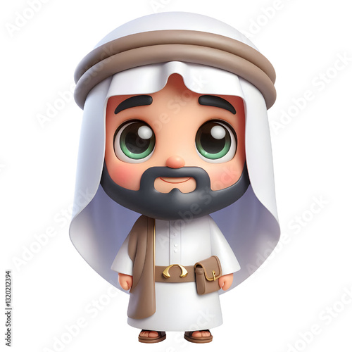 3D bearded man wearing Arabic clothes isolated on white background