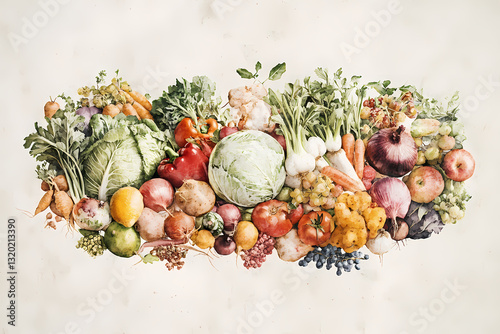 Farm-Fresh Symphony: A vibrant, artistically arranged medley of fresh vegetables and fruits, a celebration of nature's bounty and healthy eating, a testament to organic goodness.