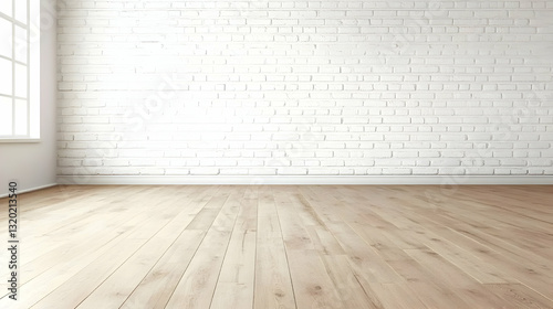 Fototapeta Naklejka Na Ścianę i Meble -  3D Rendering of a Room with White Brick Wall and Light Wood Floor