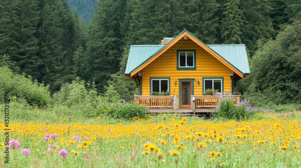 Fototapeta premium Tranquil Mountain Retreat Surrounded by Wildflowers