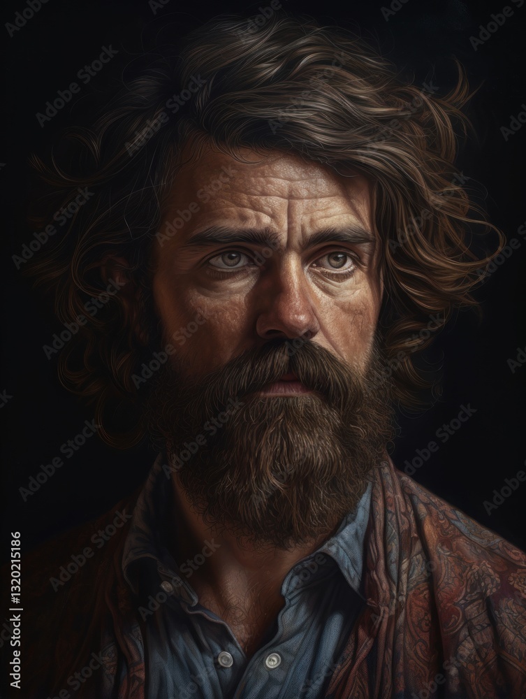Fototapeta premium A bearded man with a serious expression staring forward