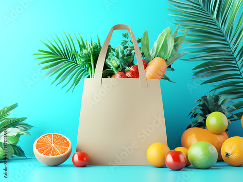 Healthy Harvest: A paper bag overflows with fresh produce like tomatoes, citrus, and carrots, alongside leafy greens. It celebrates the bounty of nature, surrounded by vibrant tropical leaves.