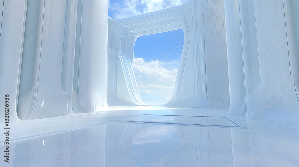 Abstract 3D Rendering of a Futuristic White Architectural Space with a Sky View Abstract 3D Rendering of a Futuristic White Architectural Space with a Sky View