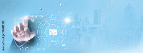 Introduction: Businessman touching and interacting with digital interface, exploring data, analyzing trends, visualizing reports, optimizing processes, enhancing strategies, and driving innovation