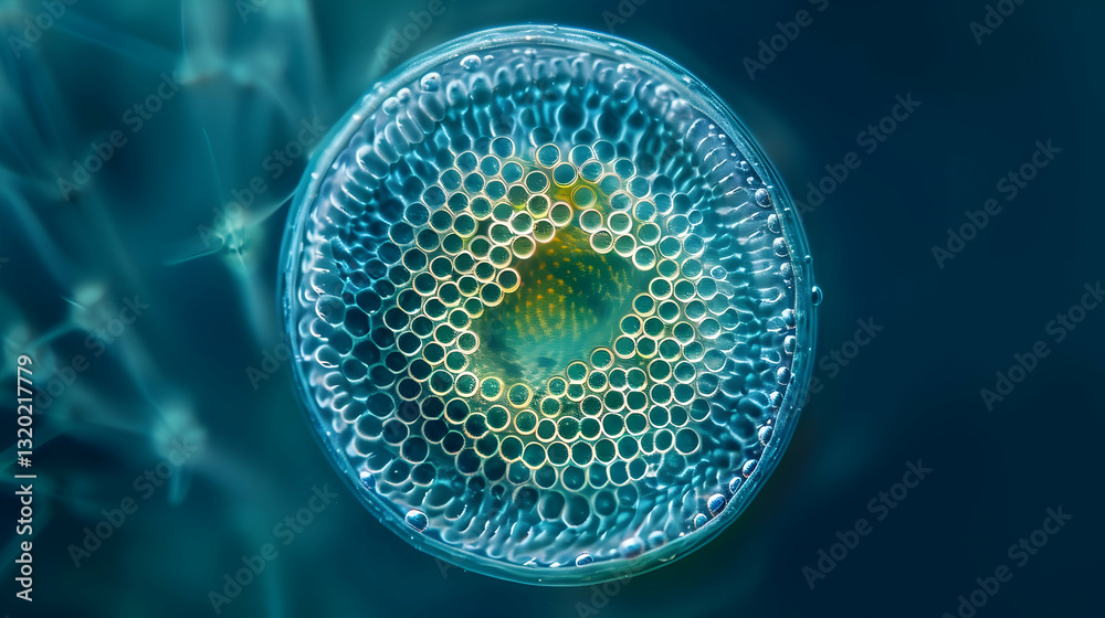 Fototapeta premium Abstract Microscopic View of a Cellular Structure in Shades of Blue with a Central Yellow Area Illuminated with Soft Light