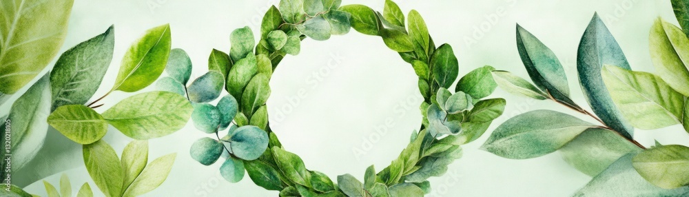 Fototapeta premium Lush Greenery Wreath with Watercolor Leaves and Plants on Soft Background, Elegant Natural Decor for Invitations and Backgrounds