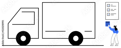 Minimalist truck with large cargo area and worker holding clipboard near checklist. Ideal for delivery, logistics, transportation, inventory management, supply chain, organization, shipping. Flat
