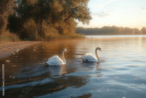 Swans Gliding on Serene Lake with Gentle Waves in Lush Green Forest at Golden Hour in Curonian Lagoon