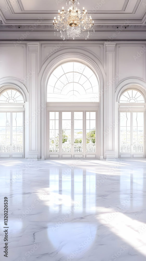 3D rendering of a bright white classical room with arched windows, marble floor, and a crystal chandelier. 3D rendering of a bright white classical room with arched windows, marble floor, and a crystal chandelier.