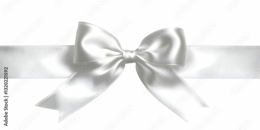 Naklejka premium Elegant White Satin Ribbon Bow Illustration, Tied Beautifully on a Horizontal Ribbon, Isolated on White Background, Perfect for Festive Designs and Wrapping Presentations.
