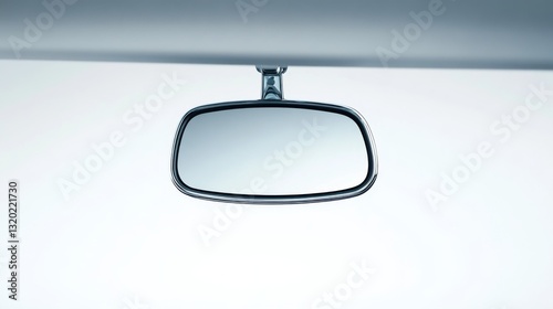 71.A high-definition image of a car's rearview mirror with chrome detailing, suspended from the roof with a blank white background, emphasizing the clarity and reflective surface of the mirror.