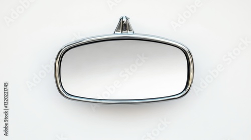 71.A high-definition image of a car's rearview mirror with chrome detailing, suspended from the roof with a blank white background, emphasizing the clarity and reflective surface of the mirror.
