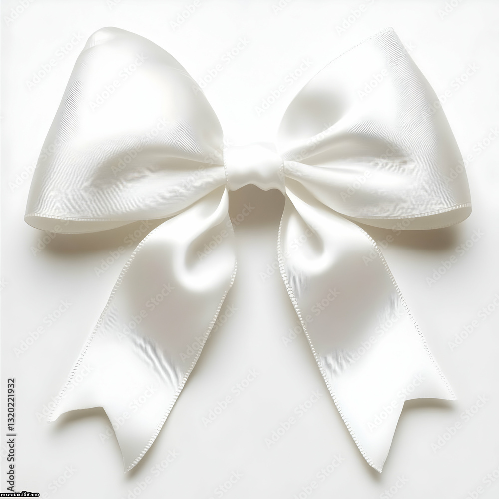 Naklejka premium White Satin Ribbon Bow, Elegantly Tied, Detailed Close-up Studio Shot, Clean Minimalist Background.