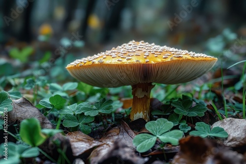 Close-up of Poisonous Paxillus Involutus Mushroom in Forest with Clovers and Leaves photo