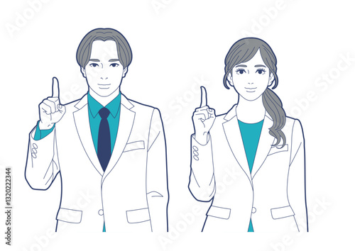 人差し指を立てている白衣姿の男女