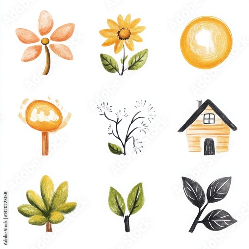 Hand-drawn botanical illustrations featuring a flower, sunflower, sun, honeycomb, tree branches, house, and various green leaves in a vibrant design