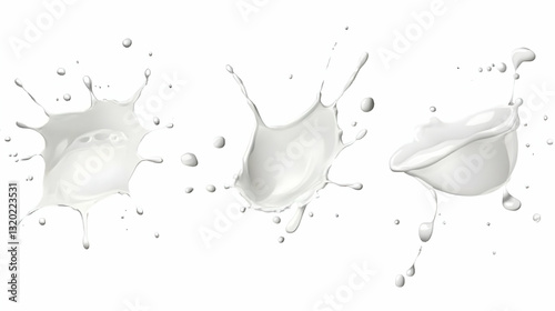 3D Realistic Milk Splashes: Dynamic White Liquid Explosions Isolated on White Background, Perfect for Beverage or Dairy Product Advertising.
