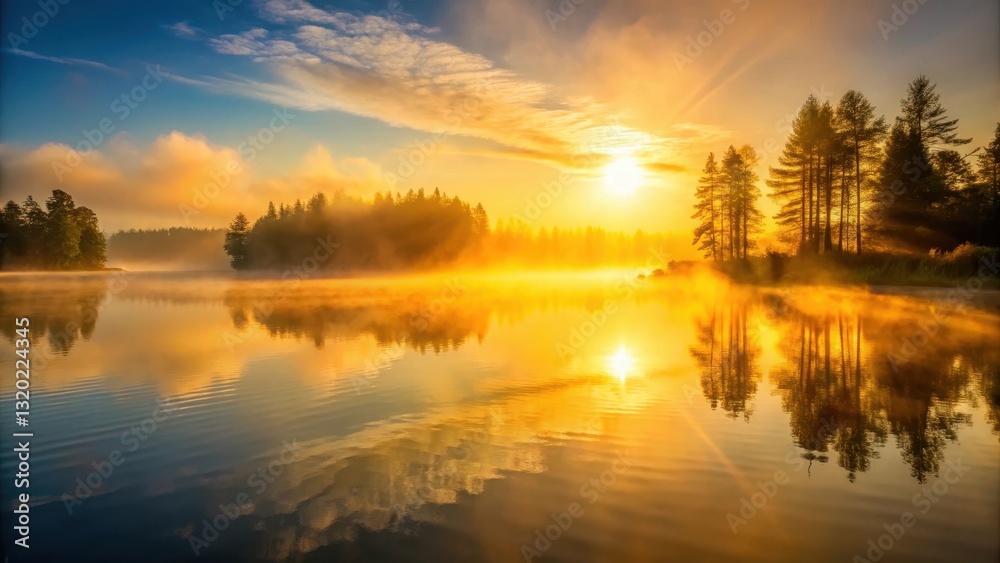 Obraz premium Golden sunrise breaking through morning fog over a serene lake, landscape, sunrise, landscape, sunrise