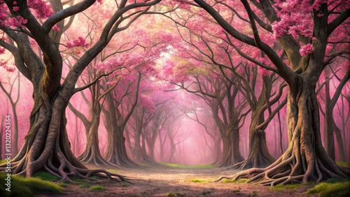 Vines entwine ancient tree trunks amidst lush pink blossoms , pink flowers, Abstract pink forest background with blooming flowers