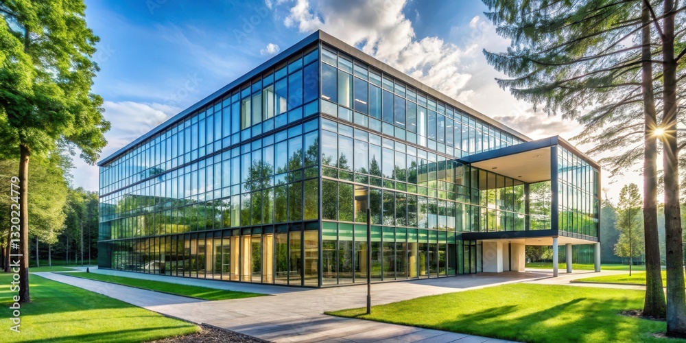 Obraz premium Modern university building with sleek glass walls, surrounded by lush greenery and tall trees, showcasing a sense of serenity and academic excellence , landscape, serene
