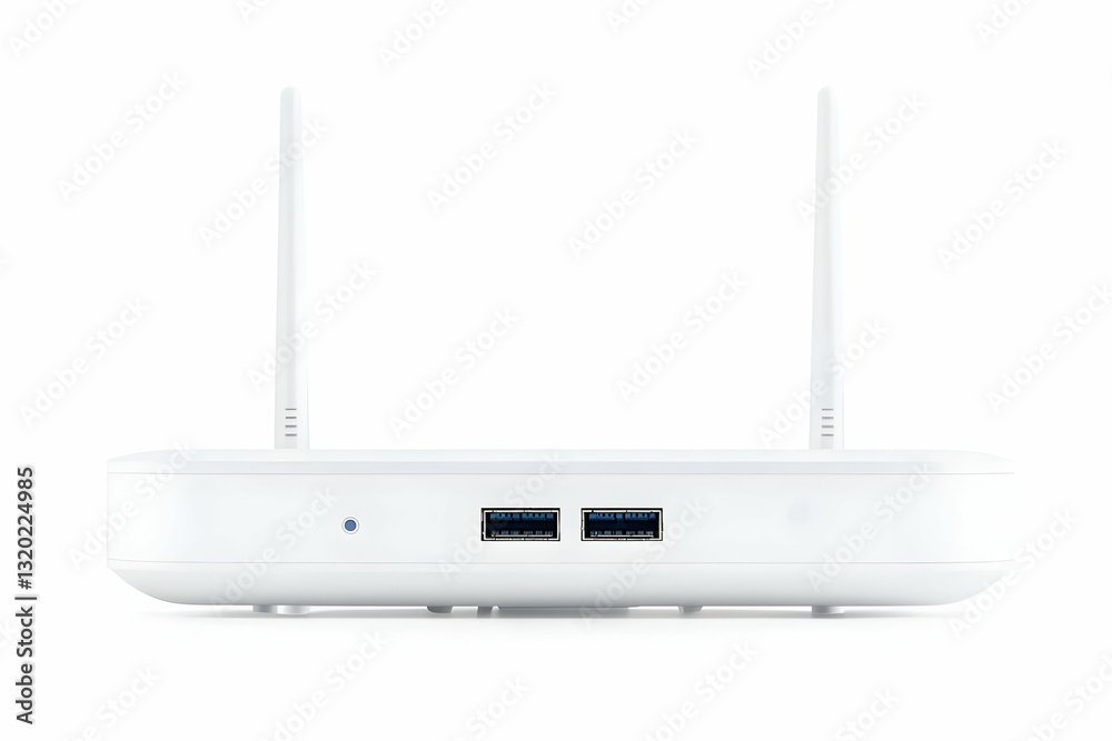 3D Render of a White Wireless Router with Dual Antennas and USB Ports, Isolated on White Background 3D Render of a White Wireless Router with Dual Antennas and USB Ports, Isolated on White Background