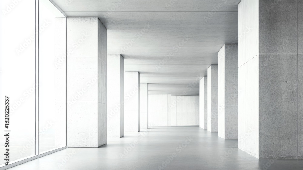 Fototapeta premium Modern concrete hall with glowing windows, embodying simplicity and clean minimalism in architectural design. 