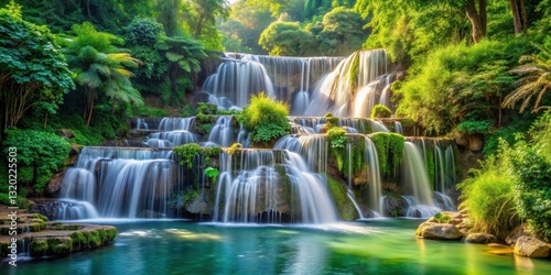 Waterfalls cascading through lush green vegetation in a picturesque setting, picturesque landscape, elegant water feature