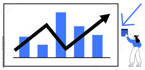 Bar chart displaying upward growth trend, woman holding calculator for analysis. Ideal for business strategy, data growth, financial planning, market trends, goal achievement, analytics, flat simple