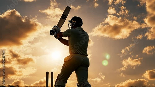Dramatic Cricket Batter Silhouette Against Golden Sunset Sky - Action and Determination