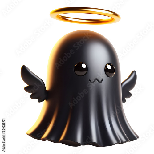 Cute 3d BLACK ghost cloak surrounded by a golden halo isolated on white background