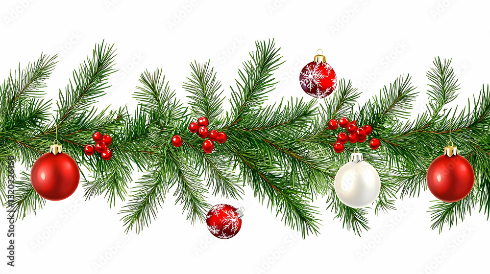 Seamless Festive Christmas Garland with Pine Branches, Red Berries, and Ornate Ornaments, Ideal for Holiday Backgrounds Seamless Festive Christmas Garland with Pine Branches, Red Berries, and Ornate Ornaments, Ideal for Holiday Backgrounds