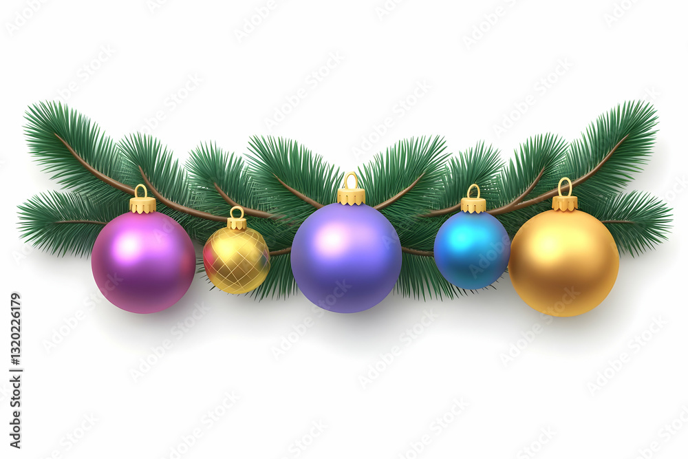3D Render of Festive Christmas Ornament Balls Hanging on Pine Branch with White Background