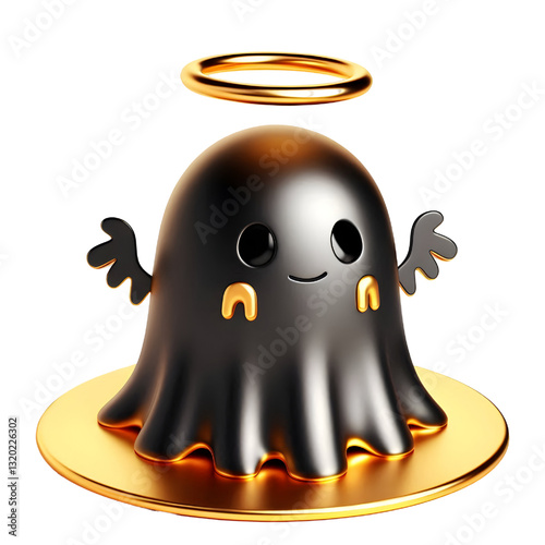 Cute 3d BLACK ghost cloak surrounded by a golden halo isolated on white background