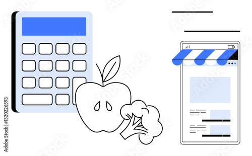 Calculator, apple, broccoli, and storefront screen combining food shopping and budget planning. Ideal for e-commerce, finance, nutrition, healthy living meal prep food delivery education. Flat