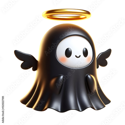 Cute 3d BLACK ghost cloak surrounded by a golden halo isolated on white background