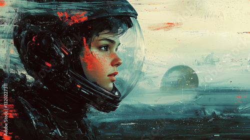 A young woman dressed in a durable black metallic space suit navigates an alien planet