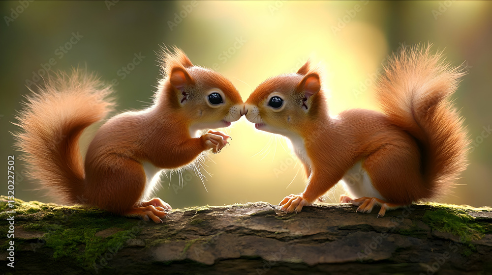Fototapeta premium Adorable Red Squirrels Gently Nuzzle on Mossy Log, Illuminated by Golden Sunlight, Wildlife Photography