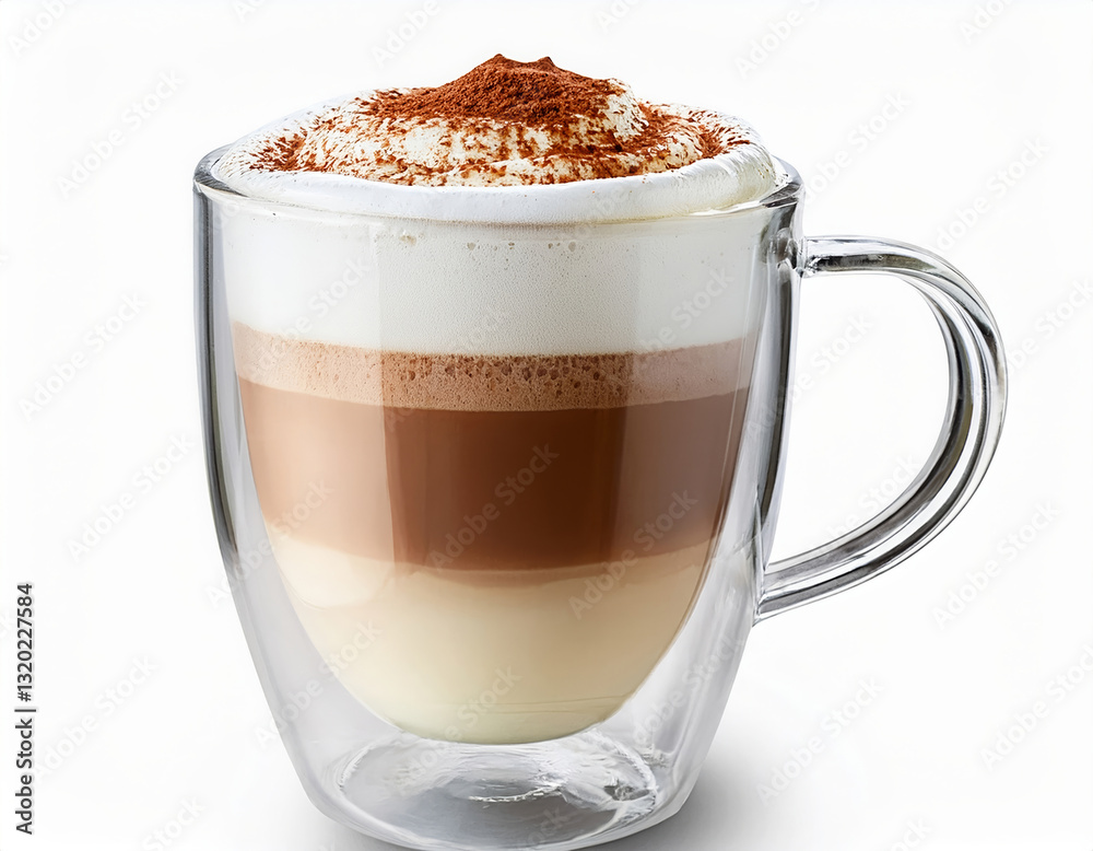 Foamy coffee cappuccino with wiped milk and coco powder on top, in double glass mug isolated on white background. Foamy coffee cappuccino with wiped milk and coco powder on top, in double glass mug isolated on white background.