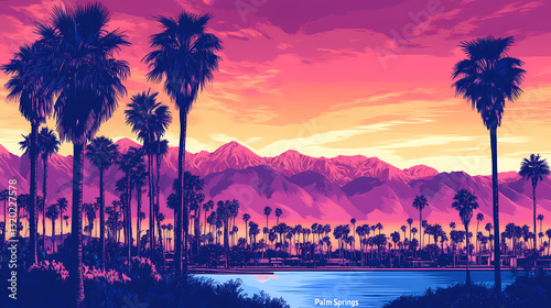 Wallpaper Mural Palm Springs Sunset: Witness the enchanting beauty of a Palm Springs sunset, where majestic palm trees stand silhouetted against a canvas of vibrant colors and mountain landscape. Torontodigital.ca