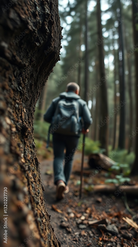 Obraz premium Hiker With A Backpack And Trekking Pole Walks Through A Forest, Seen From Behind, With A Large Tree In The Foreground