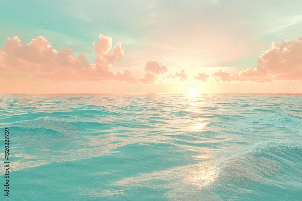 Naklejka premium Tranquil ocean sunset with gentle waves and soft peach clouds reflecting sunlight