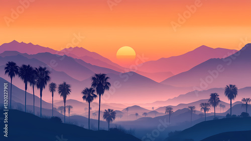 Wallpaper Mural Golden Hour Over Palm-Lined Hills:  A stunning panoramic view of palm trees silhouetted against a vibrant sunset over rolling hills. Torontodigital.ca
