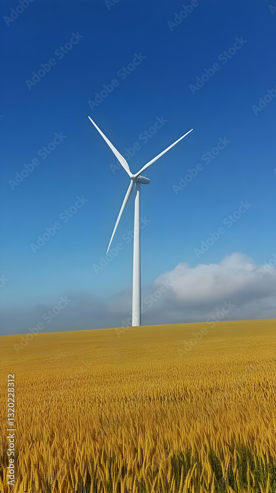 White Wind Turbine Stands Tall in Golden Wheat Field Under a Clear Blue Sky White Wind Turbine Stands Tall in Golden Wheat Field Under a Clear Blue Sky