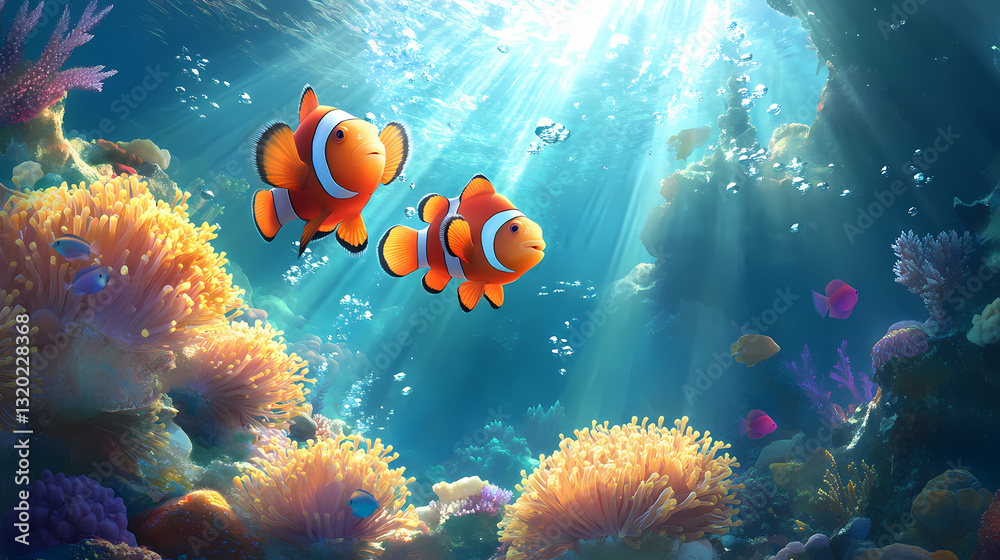 Fototapeta premium Clownfish Underwater Oasis: Two vibrant clownfish dart through a thriving coral reef, kissed by sunlit waters, showcasing the mesmerizing beauty of aquatic life.