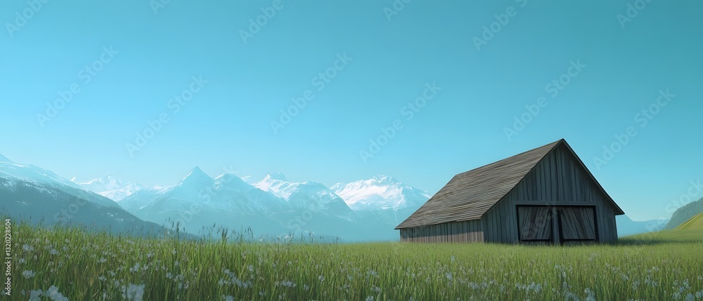 Fototapeta premium Picturesque Wooden Barn with Pitched Roof Standing in a Grassy Field with a Backdrop of Snow capped Mountains under a Clear Blue Sky Featuring Contemporary Cinematic Lighting