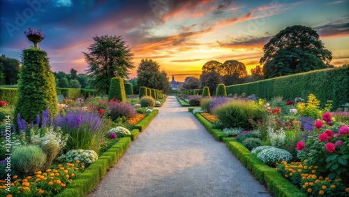 Serene walking path through lush greenery and vibrant flowers in Herrenhausen Gardens at dusk, beautiful gardens, walking trails photo