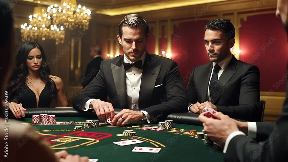 Elegant gamblers engaging in a high-stakes poker game at a luxurious casino table