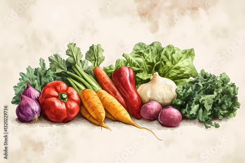 Fresh Veggie Array: A vibrantly illustrated collection of fresh, healthy vegetables, meticulously arranged to showcase nature's colorful bounty.