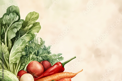 Vibrant Vegetables: A colorful composition of fresh, healthy vegetables and green leaves, arranged in a watercolor style, offering a glimpse of nature's bounty.